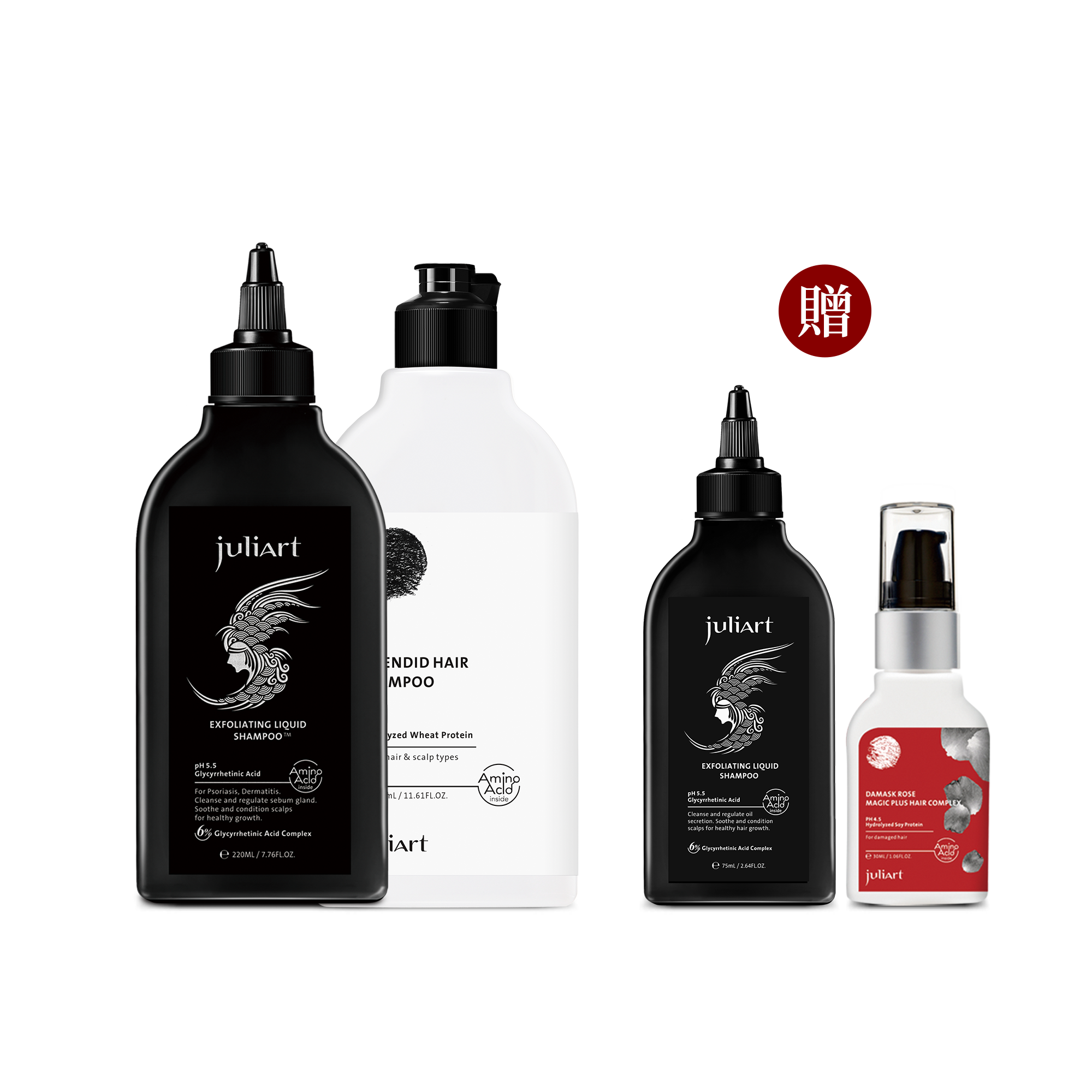 juliArt覺亞 甘草次酸角質淨化液(經典版)220mL+髮現完美洗髮精 330mL 贈 甘草次酸角質淨化液(經典版)75mL+大馬士革玫瑰精萃魔髮精靈30mL  ▶70C002